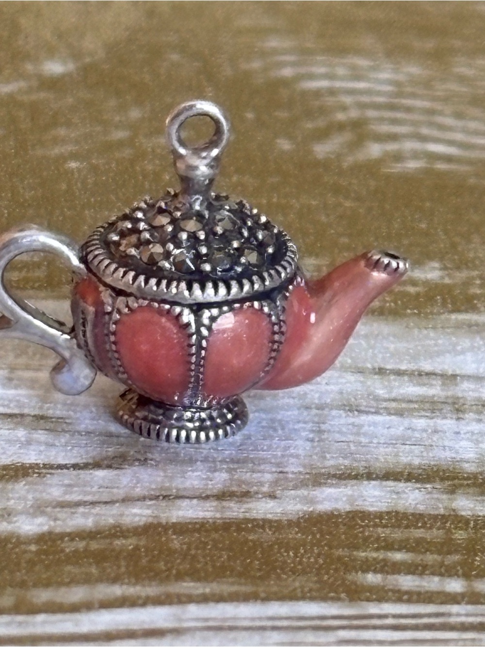 Sterling Teapot Charm Pendant with Pink Enamel and Marcasite Judith Jack